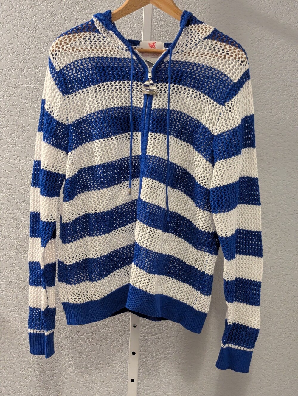 Open-Knit Nautical Striped Full-Zip Hoodie from Quacker Factory Size XL